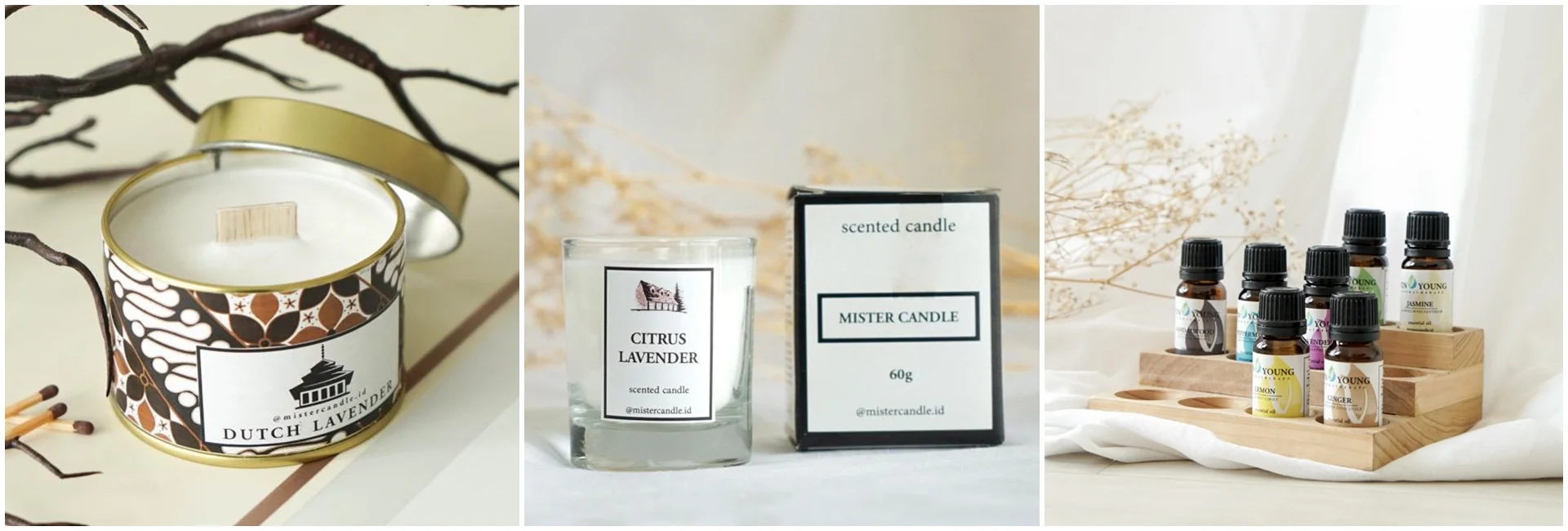 Beberapa produk unggulan Mister Candle, yaitu scented-candle dan oil aromaterapi.